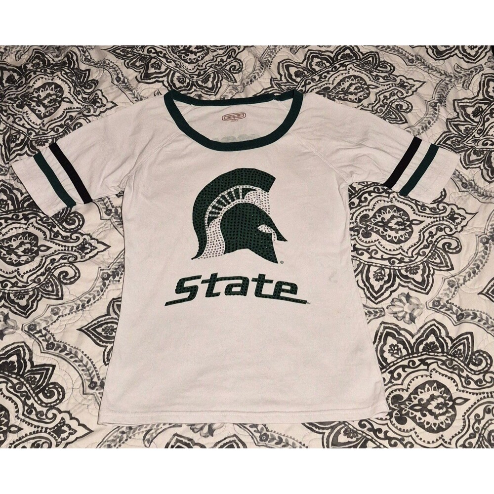 Vintage Michigan State Spartans Women's Rhinestone Ringer T-Shirt White/Green Sm